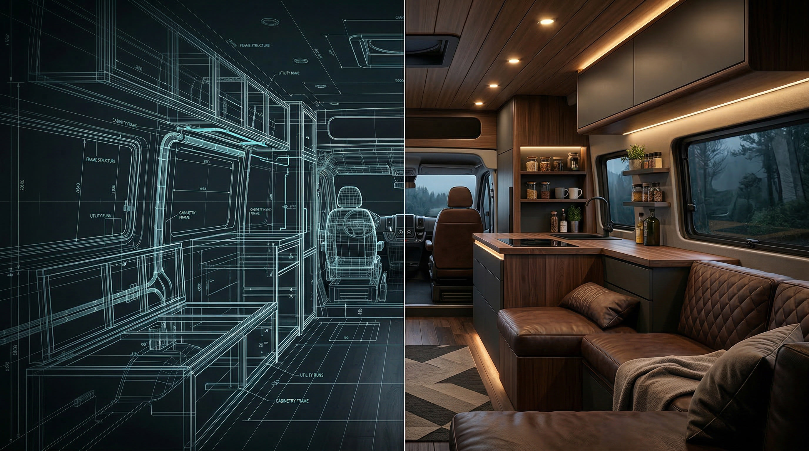 Split view showing a campervan blueprint transforming into a fully configured luxury interior
